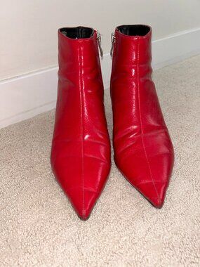 Zara Red Pointed Toe Leather Ankle Boots